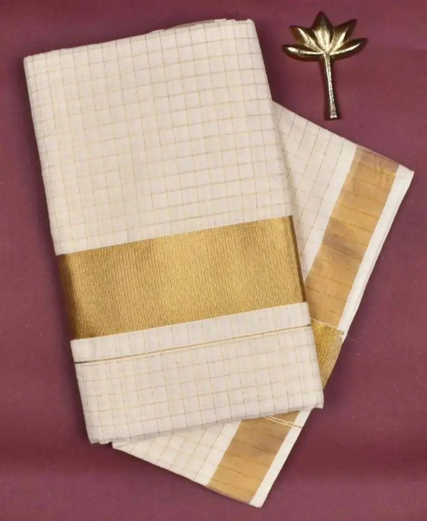 Kerala Kasavu Cotton Saree Checked With Gold Zari