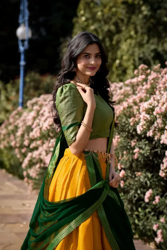 Mustard Yellow Kanchipuram traditional Thavani set